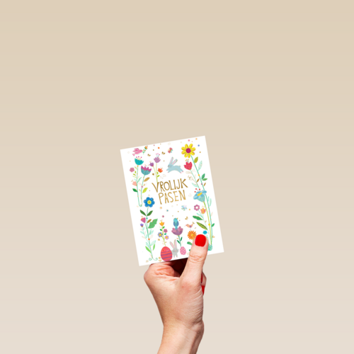 Paaskaart Vrolijk Pasen met bloemen