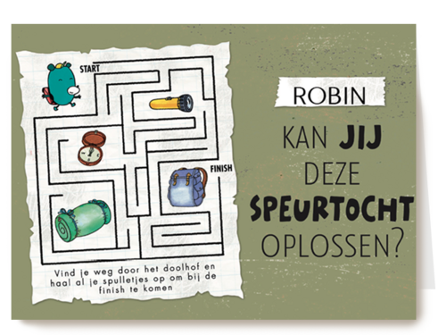 op kamp kaart met de tekst kan jij deze speurtocht oplossen