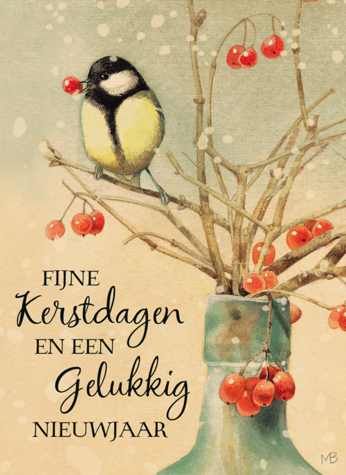 Kerstkaart Marjolein Bastin koolmees rode bes