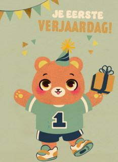een beer met kado voor je eerste verjaardag