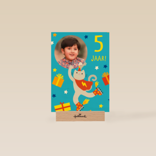 Feestende kat 5 jaar fotokaart