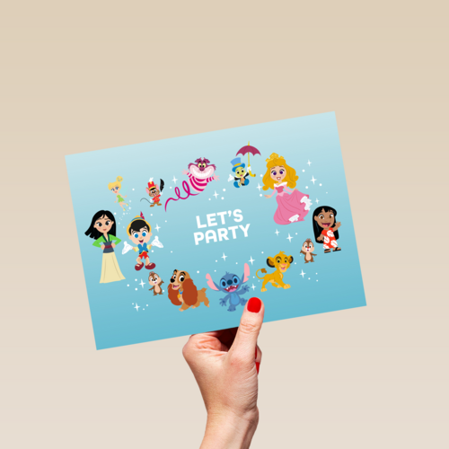Verjaardagskaart Disney karakters lets party