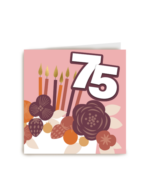 een verjaardagskaart met heerlijk taart voor 75