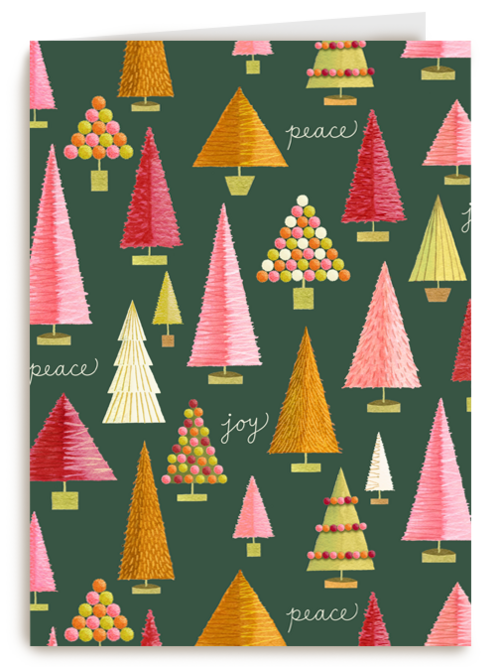 Kerstkaart kerstbomen joy en peace