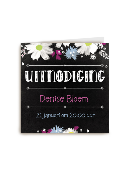 uitnodiging feest zwart met bloemen