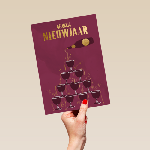 nieuwjaarskaart met champagnetoren
