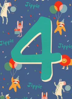 Verjaardagskaart 4 jaar dieren