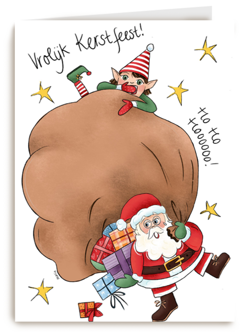 kerstkaart vrolijk kerstman en elfje matia heesakkers