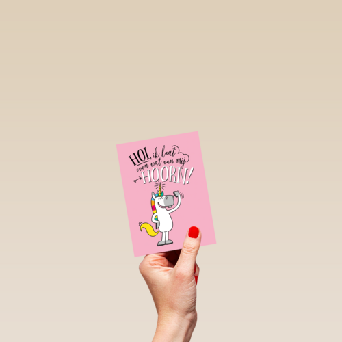 verjaardagskaart unicorn hoi ik laat even wat van mij hoorn