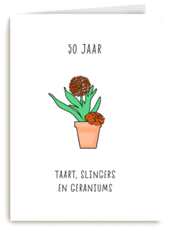 Verjaardagskaart 50 taart slingers en geraniums