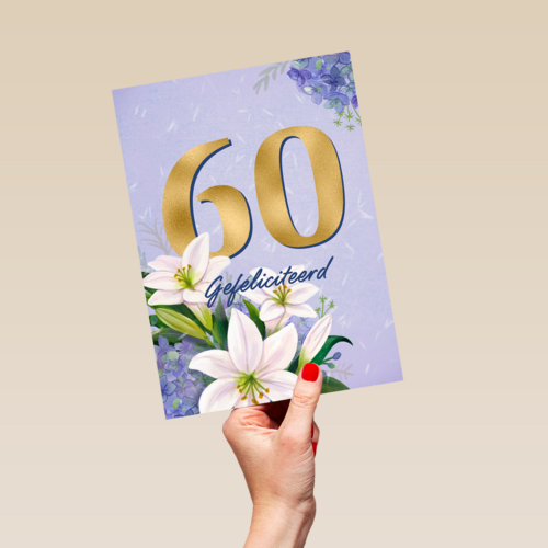 Verjaardagskaart klassiek 60 jaar vrouw gouden letters en bloemen