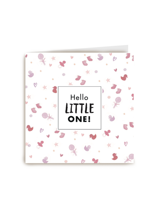 Kaart Hallmark | Geboorte Felicitatie | Roze Kaart Hello Little One Met Verschillende Baby Accesoires