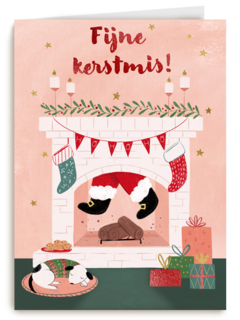kerstkaart met kerstman in schoorsteen