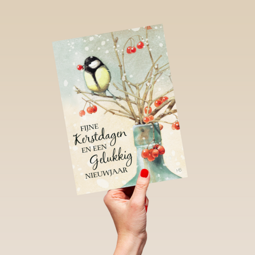 Kerstkaart Marjolein Bastin koolmees rode bes