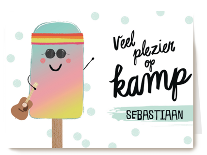 op kamp kaart met een ijsje die je veel plezier wenst