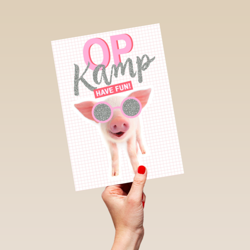 Op kamp kaart Biggetje met zonnebril have fun