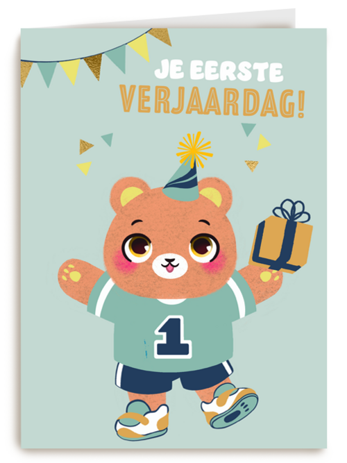 een beer met kado voor je eerste verjaardag