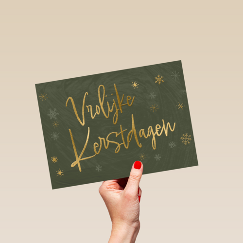 kerstkaart met gouden tekst op groene achtergrond