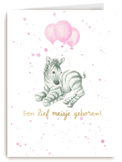 Babykaart dochter Zebra met roze ballonnen