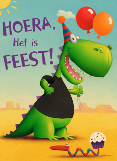 t rex hoera het is feest kaart