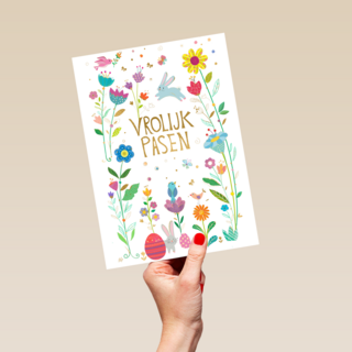 Paaskaart Vrolijk Pasen met bloemen