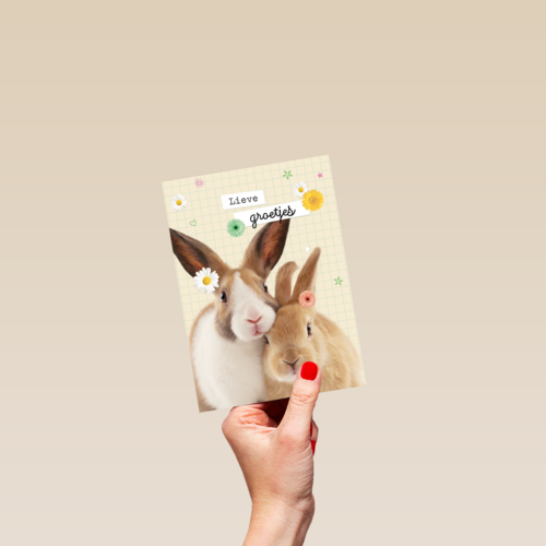 lieve groetjes kaart met konijnen en bloemetjes