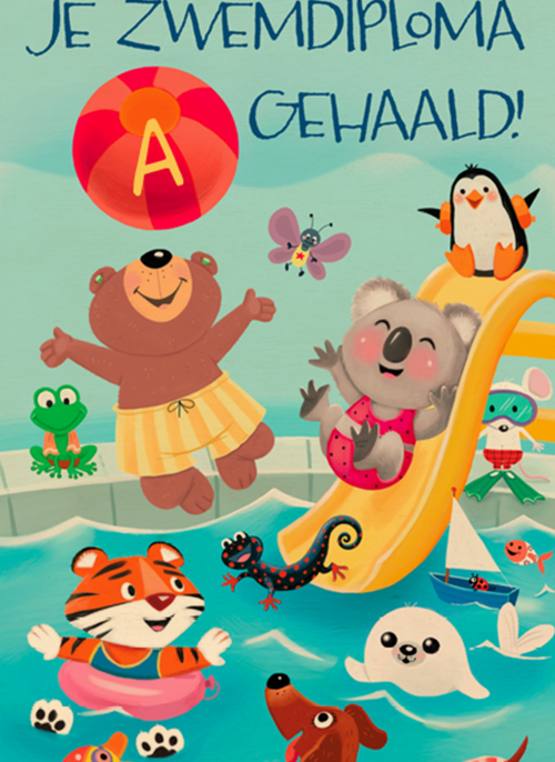 Houten Kaart Zwemdiploma | Houten Kaart Hallmark | Zwemdiploma | Zwemdiploma Kaart Dieren Zwembad