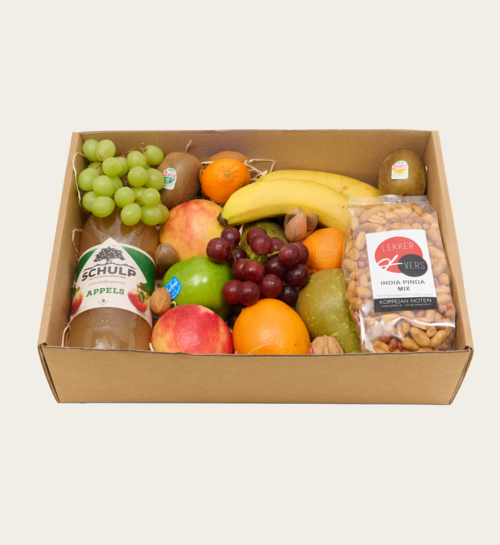 Fruitmand Cadeaubox met Fruitsap en Notenmix