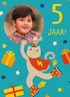 Feestende kat 5 jaar fotokaart