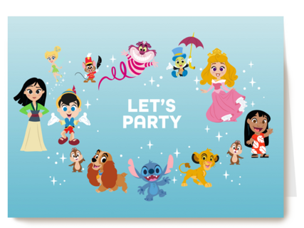 Verjaardagskaart Disney karakters lets party