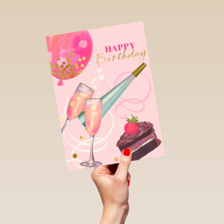 verjaardag kaart happy birthday taart en bubbels