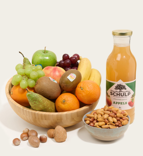 Fruitmand Cadeaubox met Fruitsap en Notenmix