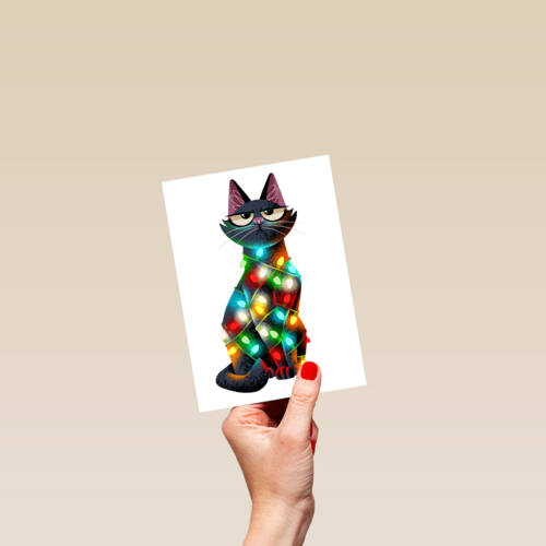 kerstkaart grappig kat met kerstlichtjes folio