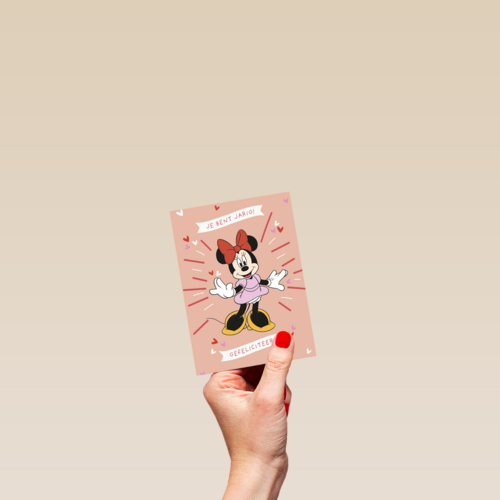 Verjaardagskaart Minnie Mouse gefeliciteerd