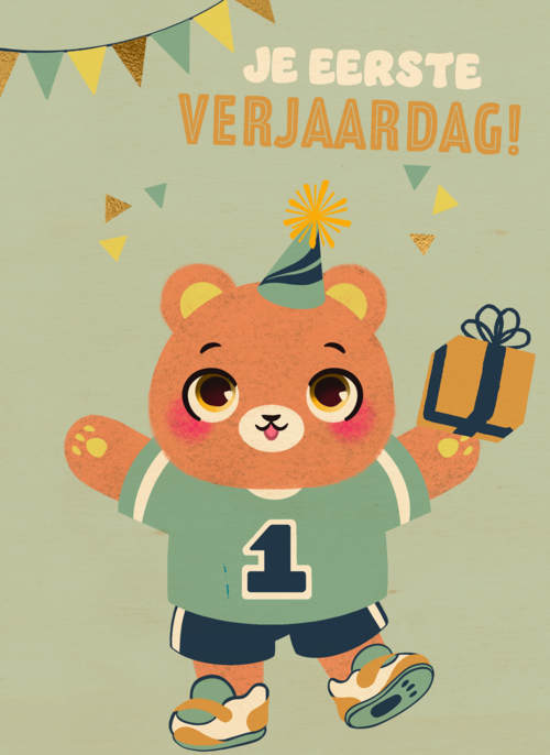 een beer met kado voor je eerste verjaardag