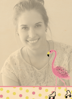 fotokaart staand flamingo op rolschaatsen