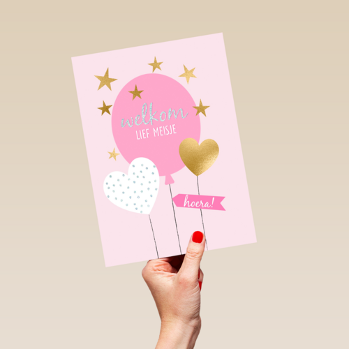 babykaart dochter welkom lief meisje roze ballon