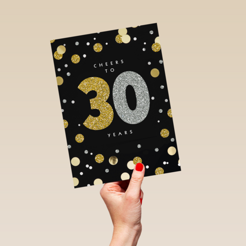 Verjaardagskaart leeftijden Cheers to 30 years zilver goud zwart