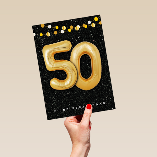 Verjaardagskaart leeftijden 50 ballonletters