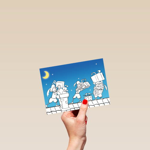 Sinterklaaskaart zelf inkleuren pieten op het dak