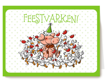 feestvarken omringd door kippen