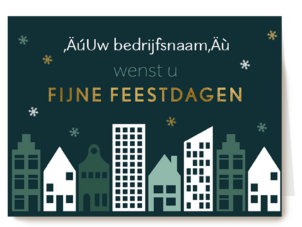 kerstkaart met een stad tijdens de nacht