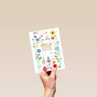 Paaskaart Vrolijk Pasen met bloemen