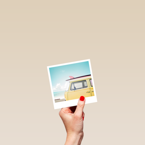 Zomerkaart busje met surfboard Polaroid