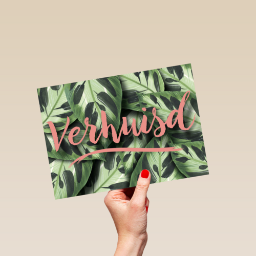 botanical kaart met bladeren en het woord verhuisd