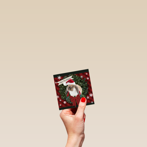 Kerstkaart konijn kerstmuts