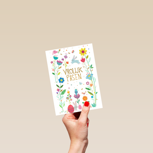 Paaskaart Vrolijk Pasen met bloemen