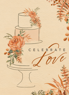 klassieke trouwkaart met taart en bloemen