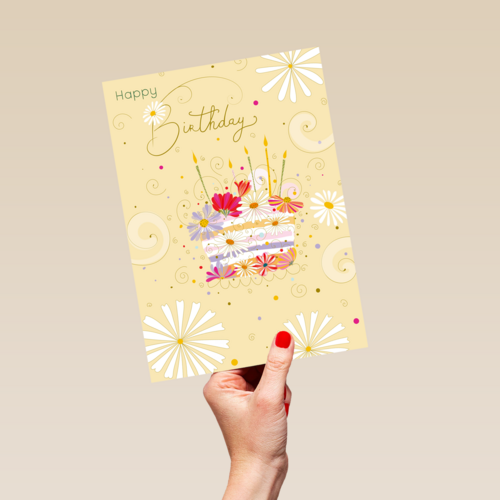 Verjaardagskaart vrouw taart met bloemen