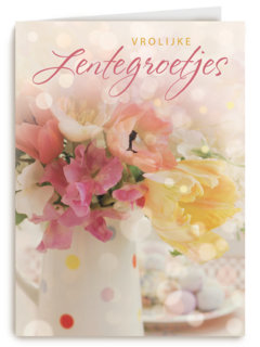 vrolijke lentegroetjes kaart met mooie bloemen in een vaas